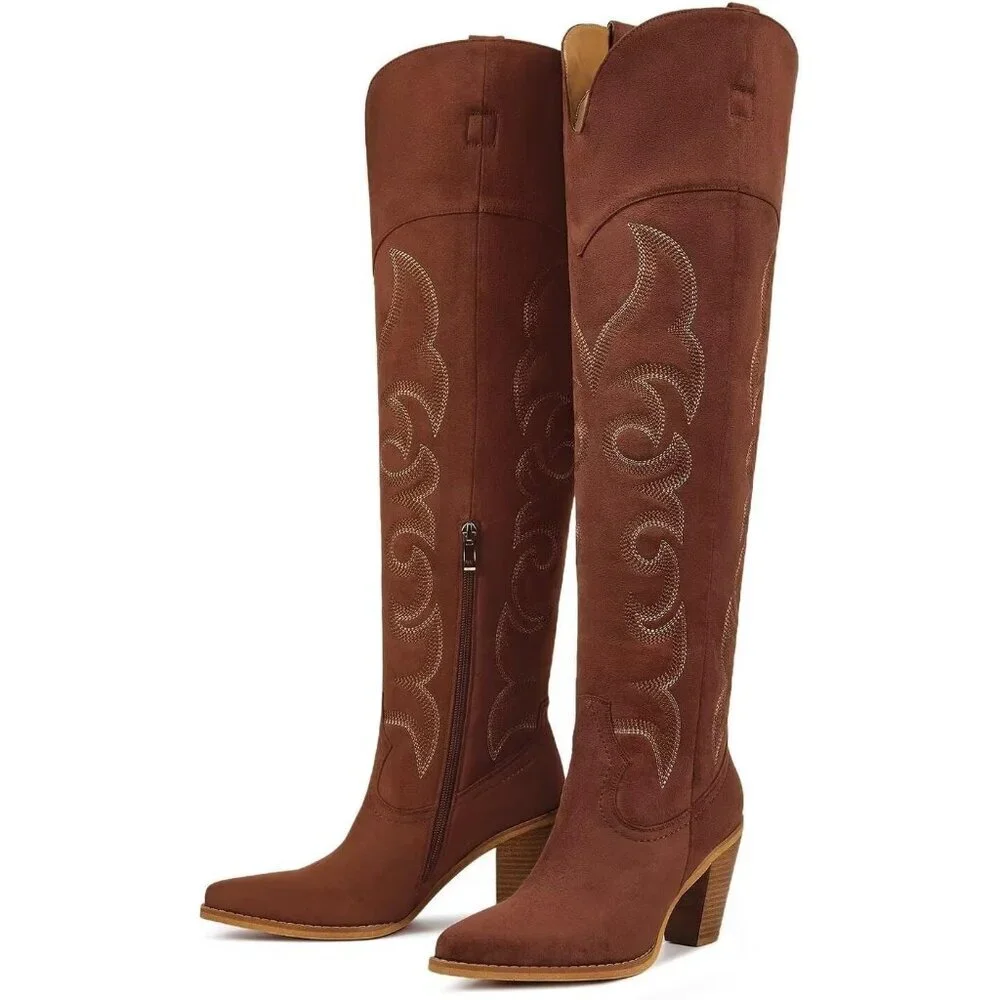 Women Over Knee Reddish Faux Leather Pull On Tab Chunky Heel Pointed Toe Boots